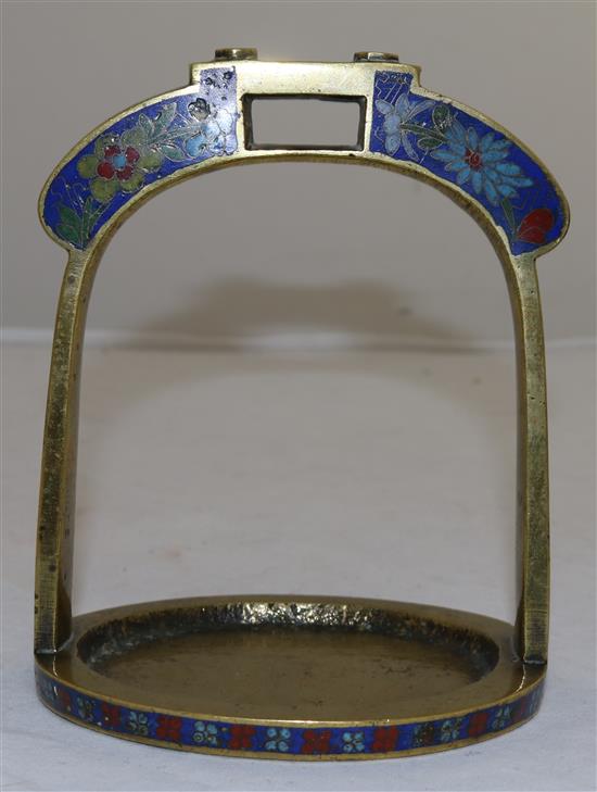 A Chinese bronze and cloisonné enamel stirrup, 19th century, height 14.5cm